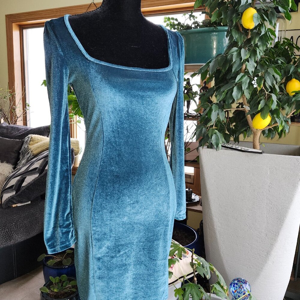 GOBLES Blue/Green Stretch Velvet Bodycon Dress Long Sleeve Square Neck Mini M